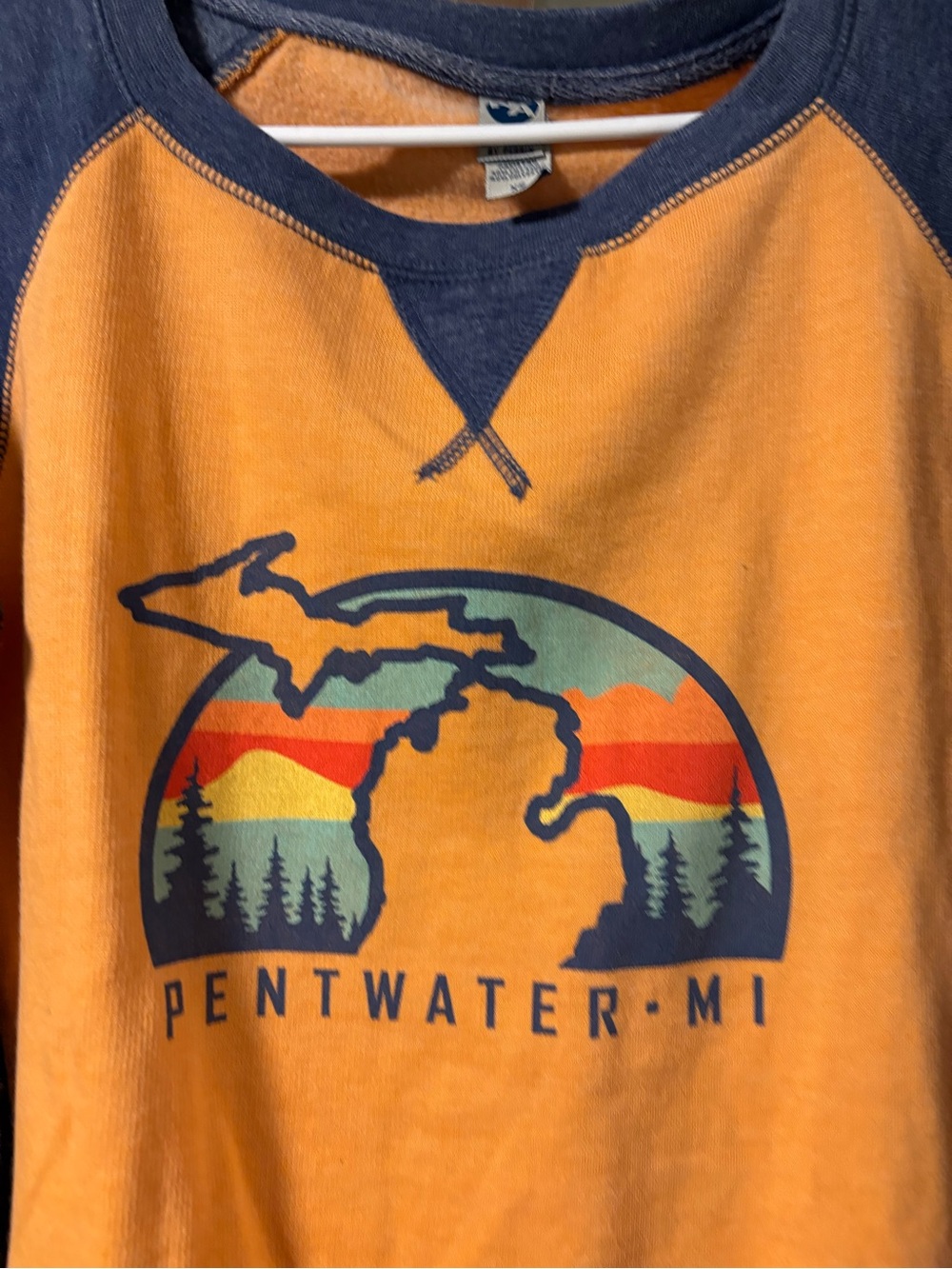Pentwater MI Graphic Raglan Pullover in Mustard & Navy